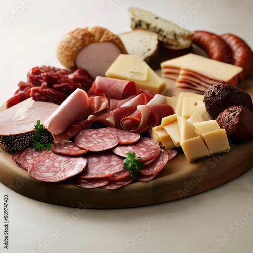 Food charcuterie board with meats and cheeses, food photography and illustration