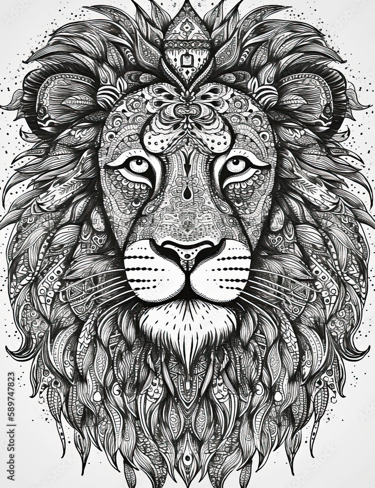 Lion coloring book page. Graphical resource. Generative AI