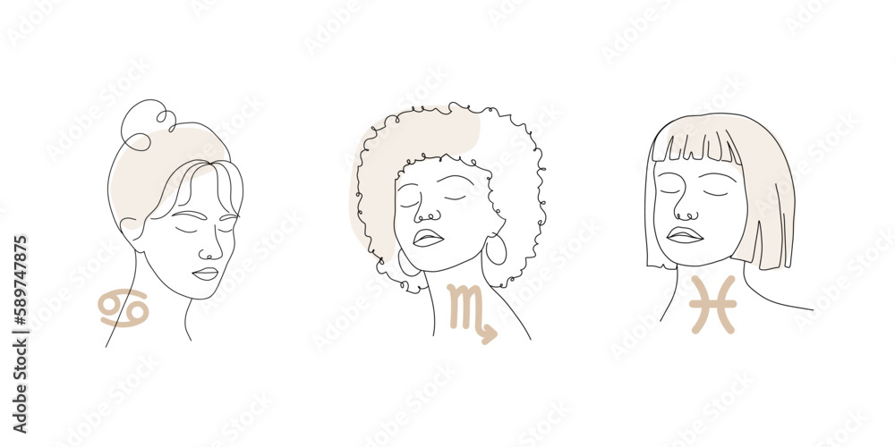 Cancer, scorpio, pisces. Water zodiac signs with linear female faces. Astrological icons on white background. Mystery and esoteric. Vector illustration. Horoscope symbols for tarot cards, calendars.