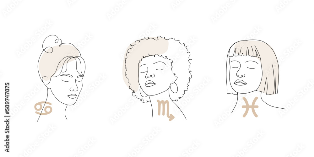 Cancer, scorpio, pisces. Water zodiac signs with linear female faces. Astrological icons on white background. Mystery and esoteric. Vector illustration. Horoscope symbols for tarot cards, calendars. Cancer, scorpio, pisces. Water zodiac signs with linear female faces. Astrological icons on white background. Mystery and esoteric. Vector illustration. Horoscope symbols for tarot cards, calendars.