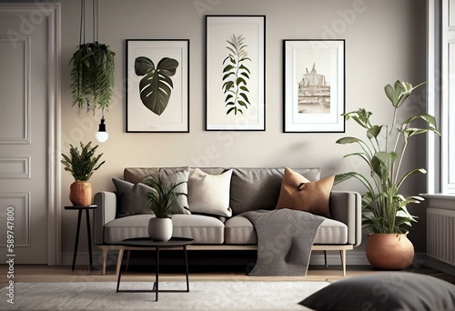 Empty poster frames on beige wall in living room interior with modern furniture and plant, gray sofa and cozy pillows, 3d render. Generative AI