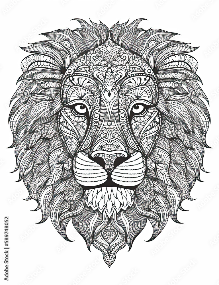 Lion coloring book page. Graphical resource. Generative AI Lion coloring book page. Graphical resource. Generative AI