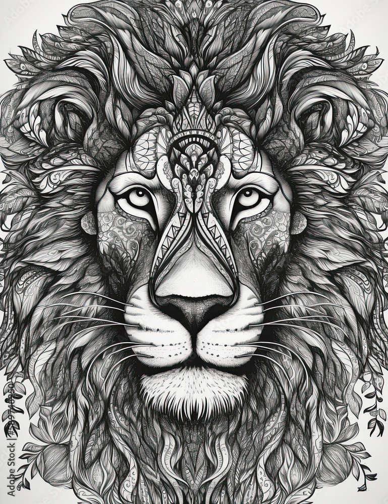 Lion coloring book page. Graphical resource. Generative AI Lion coloring book page. Graphical resource. Generative AI