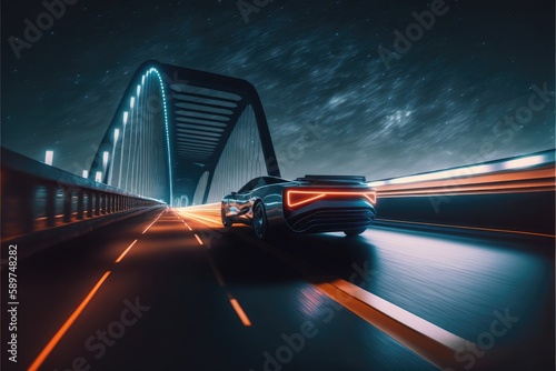 Cyber neon driving green power sport car with hybrid technology automotive. Concept of light glowing on dark city view in night life. Finest generative AI.