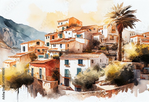Digital watercolor painting of Villajoyosa village. Spain. Generative AI