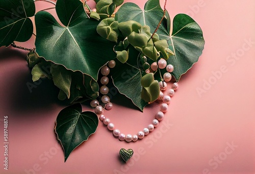 Pearl necklace with fresh green Ivy leaf, heart shaped. Minimal aesthetic love concept. Pastel pink background. Generative AI