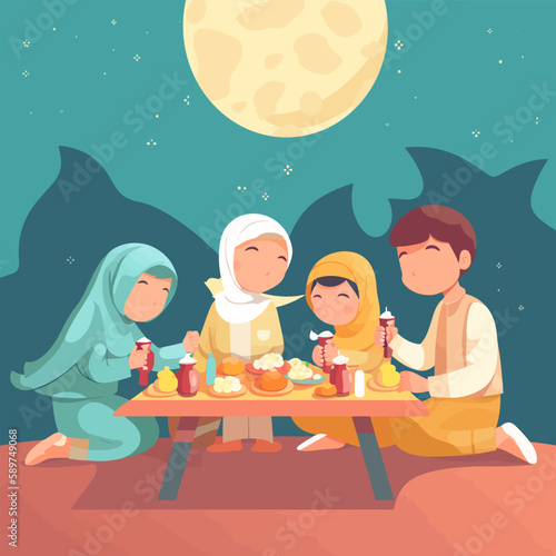 family breaking fast at dusk