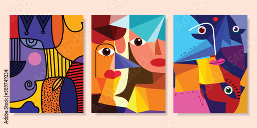 Set of abstract face portrait colorful geometric cubism art style shapes and lines vector background.