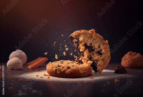 Tasty Cookie with Chocolate Chips, Oatmeal, Raisin and Crumbs. Crumbl Cookies. Broken Homemade Cookies. Generative AI photo