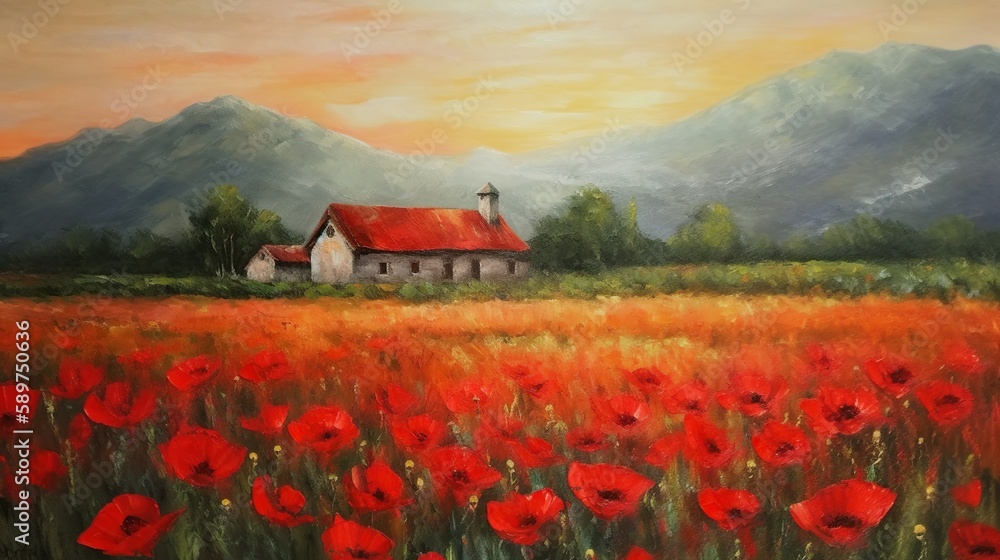 Flanders Field, red poppies in field in front of farm house. Stock ...