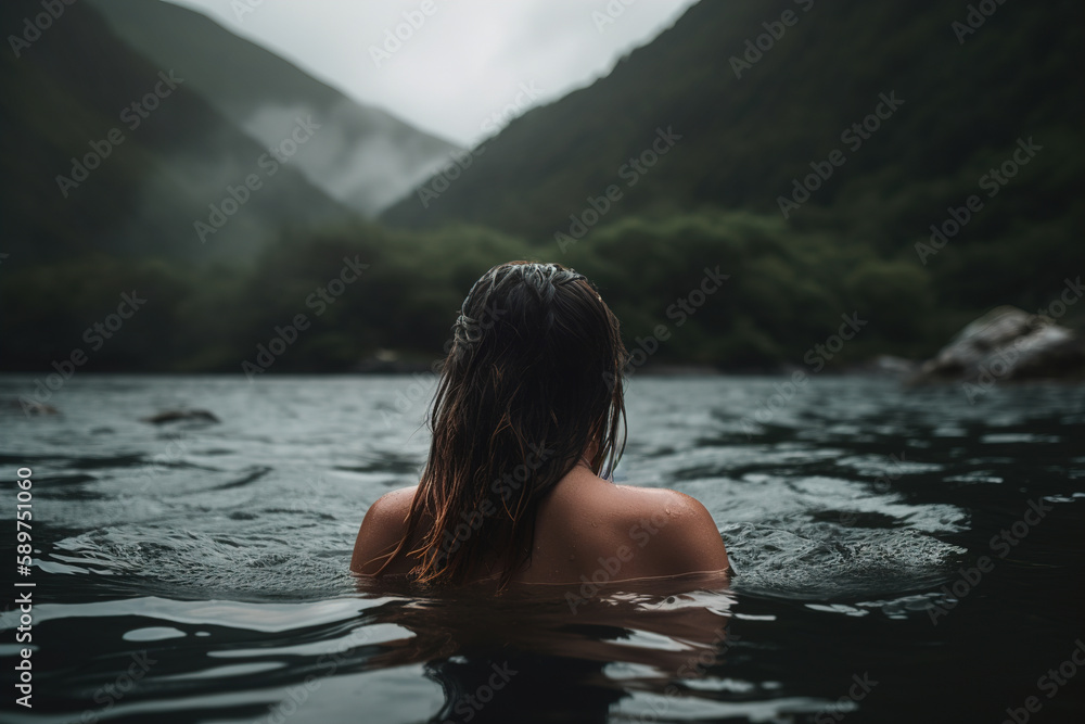 Close-up of woman practicing wild swimming, relaxing in mountain lake in nature, back view. Generative AI Close-up of woman practicing wild swimming, relaxing in mountain lake in nature, back view. Generative AI