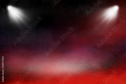 foggy empty dark room, red smoke and fog over concrete floor, defocused and abstract background