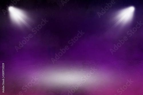 foggy empty dark room, purple smoke and fog over concrete floor, defocused and abstract background