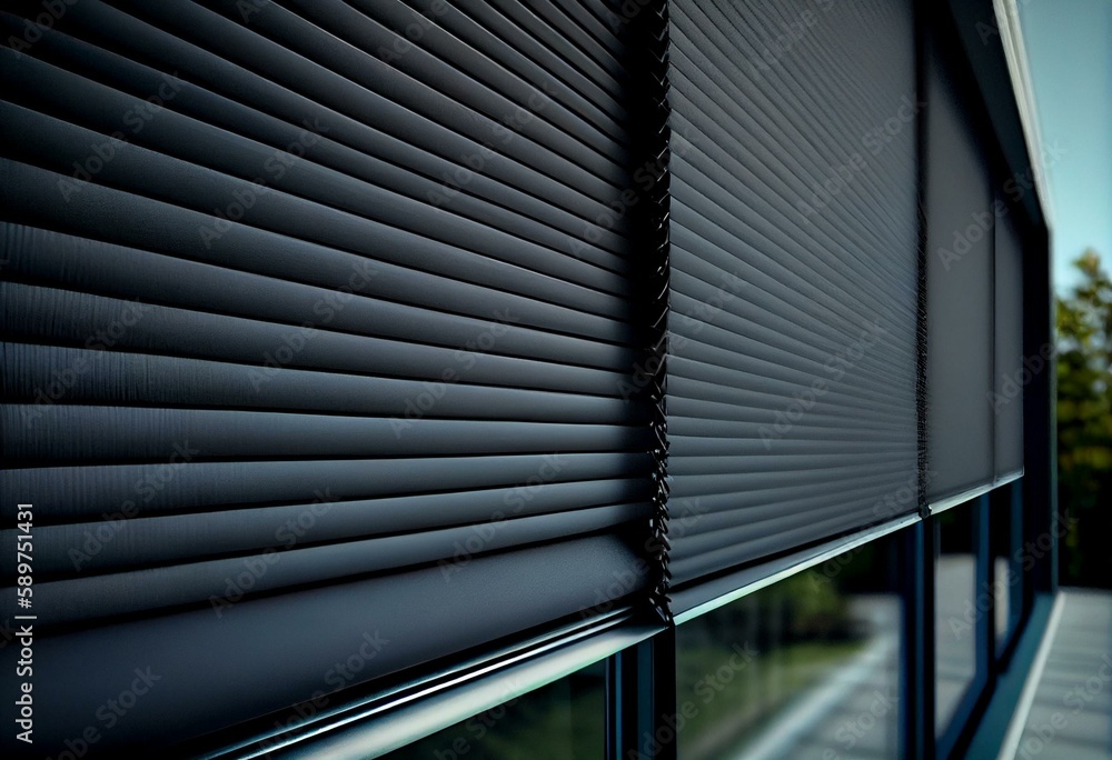 Roller Blind on Modern Windows Outside. External Blinds on windows