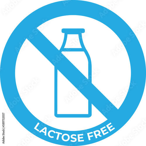 Lactose free logo icon. Vector does not contain lactose label for daisy and healthy food packaging. Blue cow milk bottle design element.
