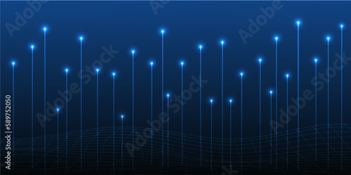 Dark blue background with light blue lines and glowing dots with curved mesh lines below.