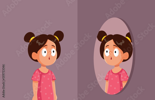 Surprised Insecure Little Girl Checking her Reflection in the Mirror. Curious self-couscous, kid discovering herself in the reflective image 
