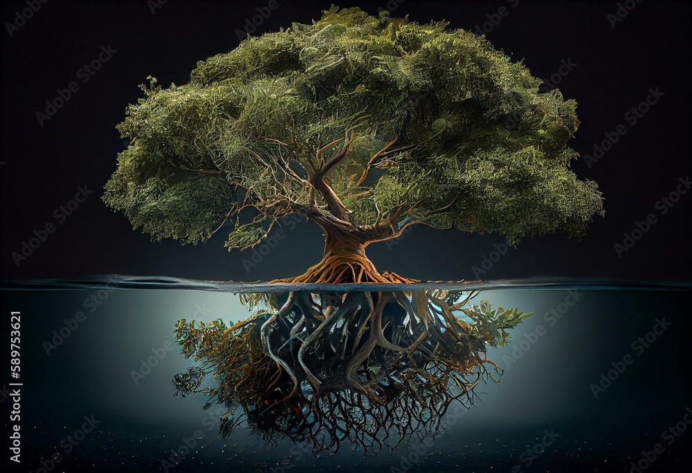 Fruitful Tree with Deep Roots in Pool of Water. Generative AI Stock