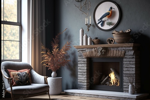 Grey modern living room with fireplace
