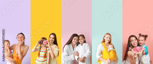 Collage with happy mothers and their children on color background photo