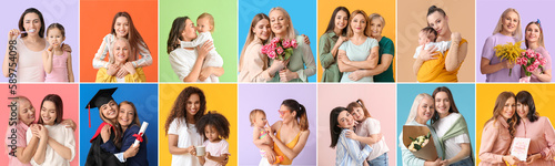 Collage with happy mothers and daughters on color background