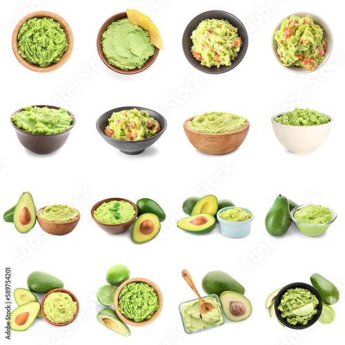Set of delicious guacamole on white background