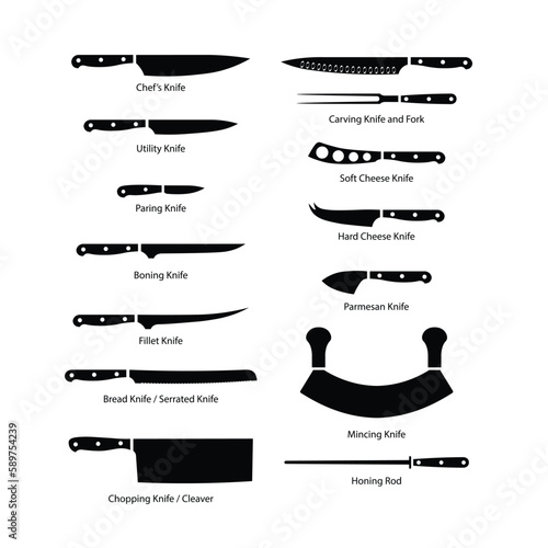 Full set of knives for chef silhouette flat vector. Knife set icon for web on white background. Black and white kitchen tools. Kitchen concept.