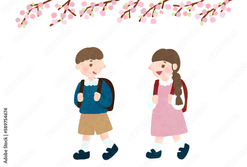 桜と通学する子供達の手描きイラスト 桜と通学する子供達の手描きイラスト