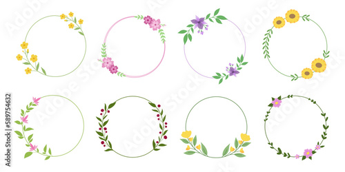 A Set of circle floral frame illustrations. Frame for wedding ornament and invitation save the date card.