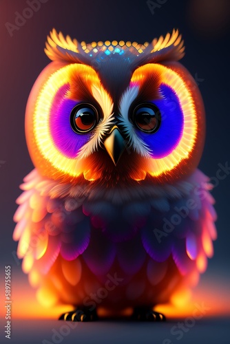 Baby Owl starring in colorful background. 3D Illustration