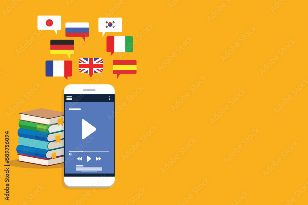 Learning Foreign Language Courses. Smartphone with Educational App. Vector illustration