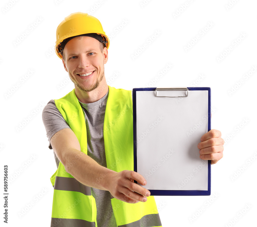 Male engineer with clipboard on white background Male engineer with clipboard on white background