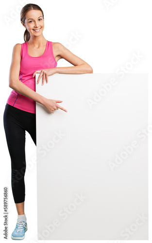 Sport fitness woman hold blank board isolated over white background