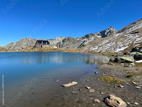 High alpine lakes next to the mountain hut (Chamanna da Grialetsch CAS or Grialetsch-Hütte SAC) in the massif of the Albula Alps, Zernez - Canton of Grisons, Switzerland (Kanton Graubünden, Schweiz)