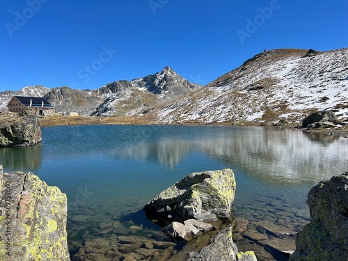 High alpine lakes next to the mountain hut (Chamanna da Grialetsch CAS or Grialetsch-Hütte SAC) in the massif of the Albula Alps, Zernez - Canton of Grisons, Switzerland (Kanton Graubünden, Schweiz)