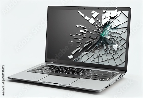 Modern metal laptop with broken screen isolated on white background. 3d illustration. Generative AI