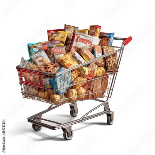 Grocery cart filled with packaged foods isolated on a white background, variety of convenient and processed products, shopping and consumer choices, generative ai photo