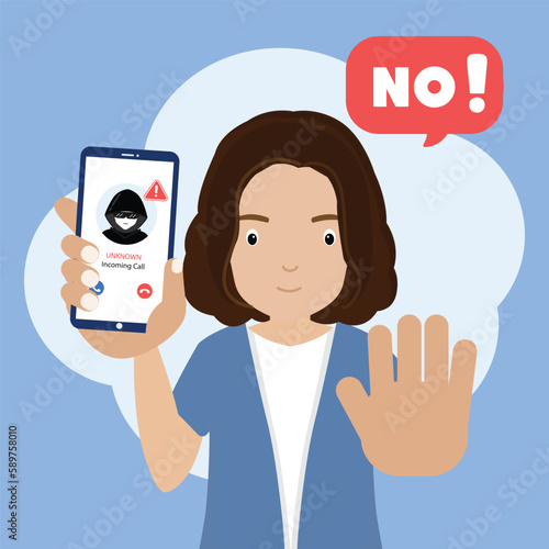 Woman Warning Phone call from unknown number. Scam, fraud or phishing with smartphone concept.