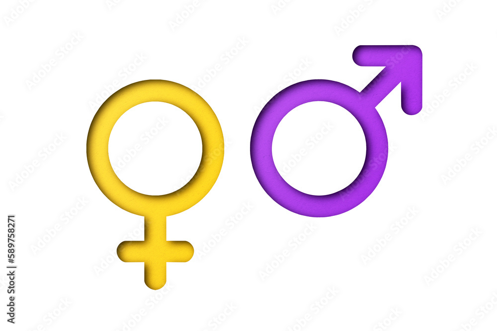 Purple and yellow paper cut male and female symbols isolated on transparent background. Purple and yellow paper cut male and female symbols isolated on transparent background.
