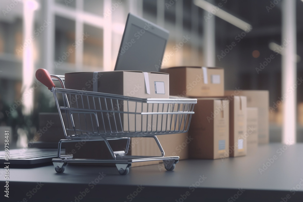 Product package boxes in a cart with a shopping bag and laptop computer with blurred web store shop on screen for online shopping and delivery concept, Generative AI Product package boxes in a cart with a shopping bag and laptop computer with blurred web store shop on screen for online shopping and delivery concept, Generative AI