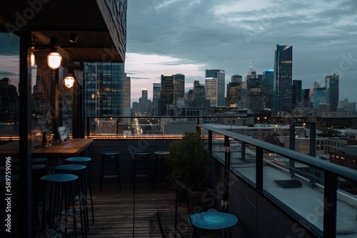 Rooftop bar with skyline views and trendy decor with a cool and edgy style | Generative AI