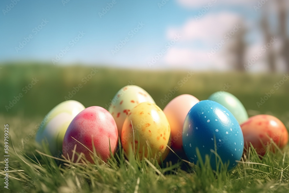 Easter eggs in the grass with blue sky in the background