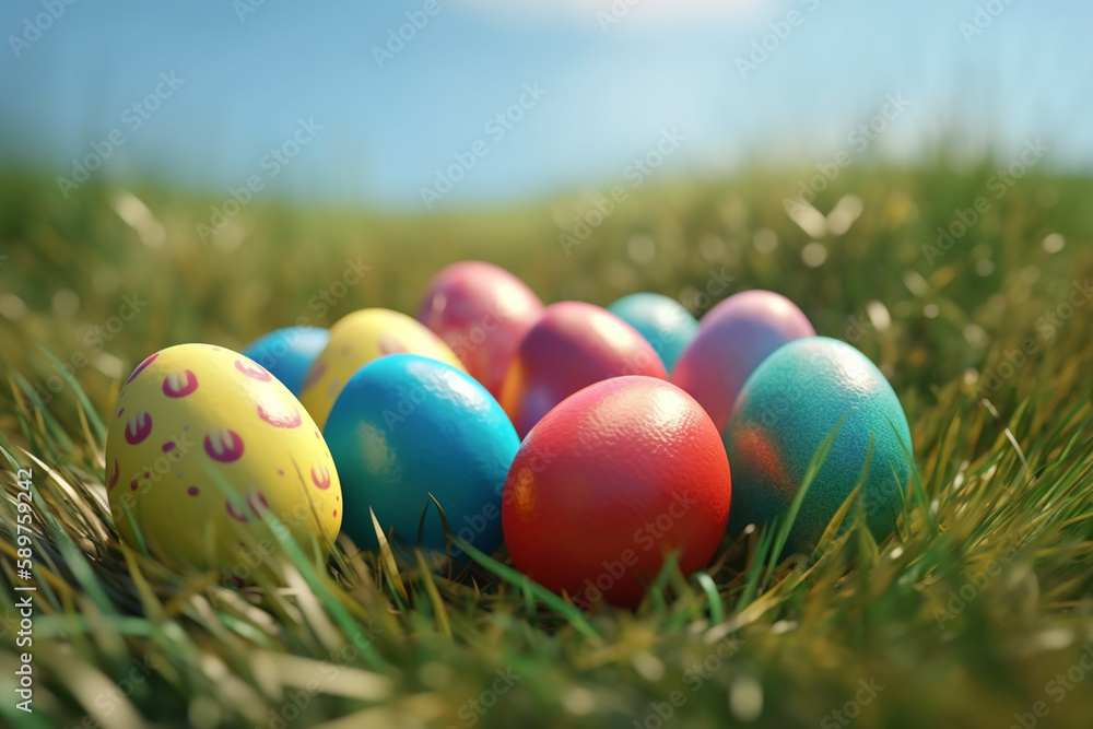 Easter eggs in the grass with a blue sky in the background Easter eggs in the grass with a blue sky in the background