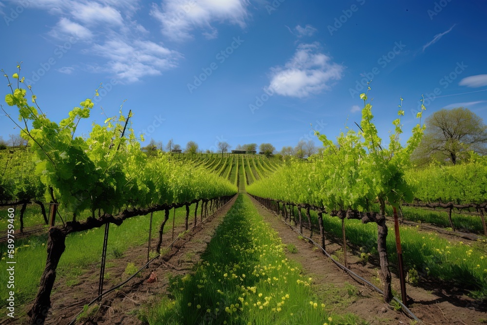 A vineyard in spring with lush green vines and a bright blue sky  | Generative AI