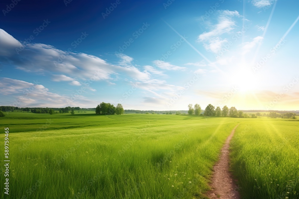 A peaceful rural landscape with green fields and a bright sun in the sky | Generative AI A peaceful rural landscape with green fields and a bright sun in the sky | Generative AI