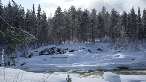 View of Jockfall Kalix river flowing in Lapland during polar winter in Finland photo