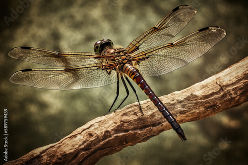 Dragonfly perched on a twig showcasing the beauty and delicate features of insects | Generative AI