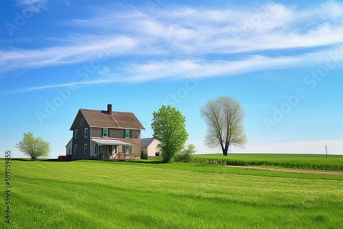 Rustic farmhouse in a spring landscape with green fields and blue skies | Generative AI