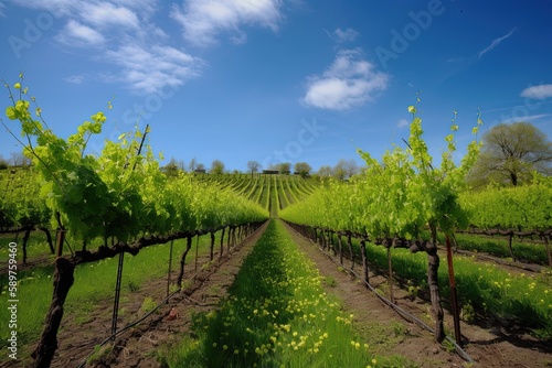 A vineyard in spring with lush green vines and a bright blue sky | Generative AI