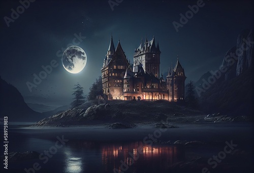 Fantasy gloomy night landscape with castle. Generative AI